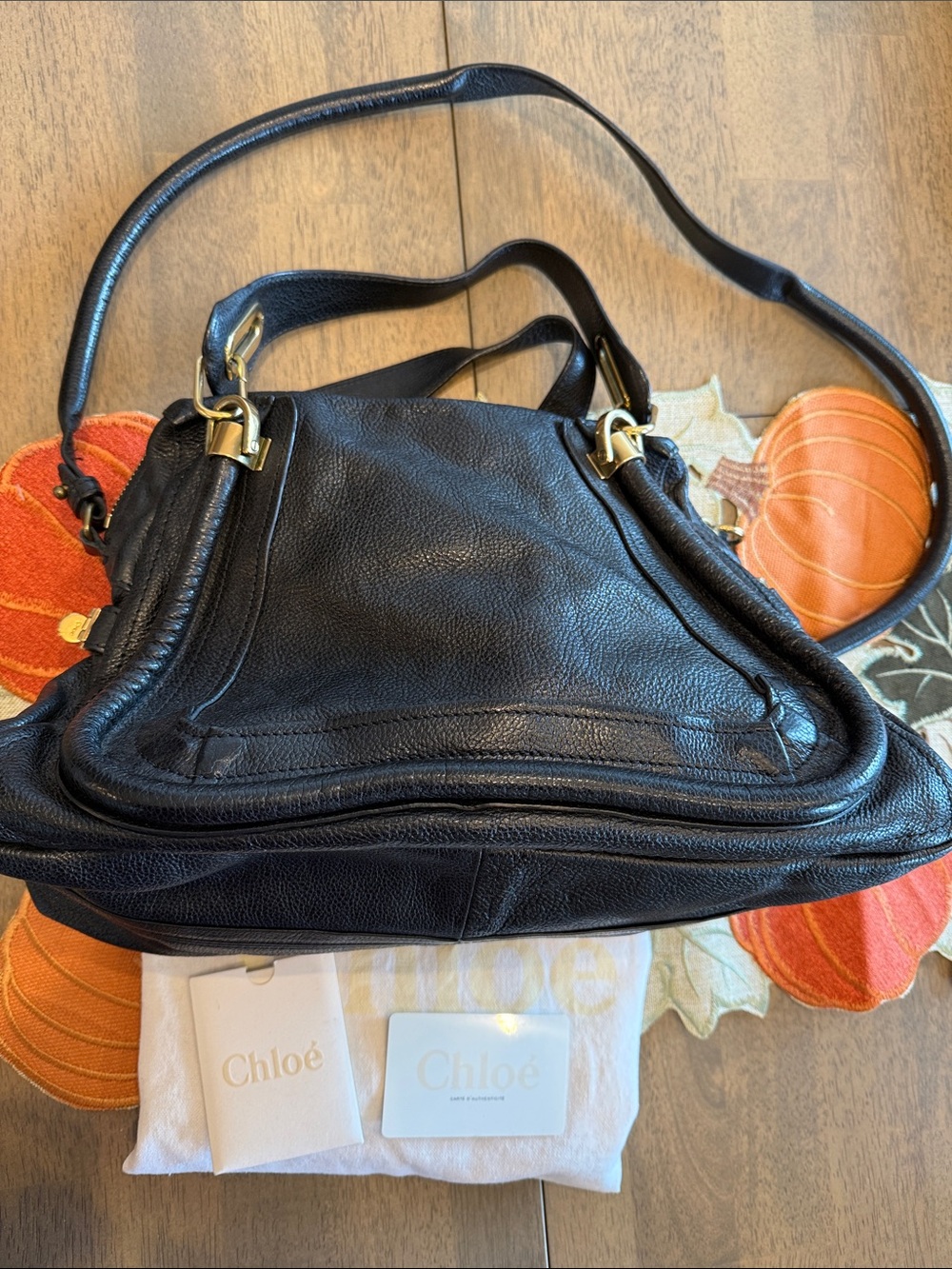 Chloé Paraty Black Pebbled Leather Shoulder Bag with Gold Hardware